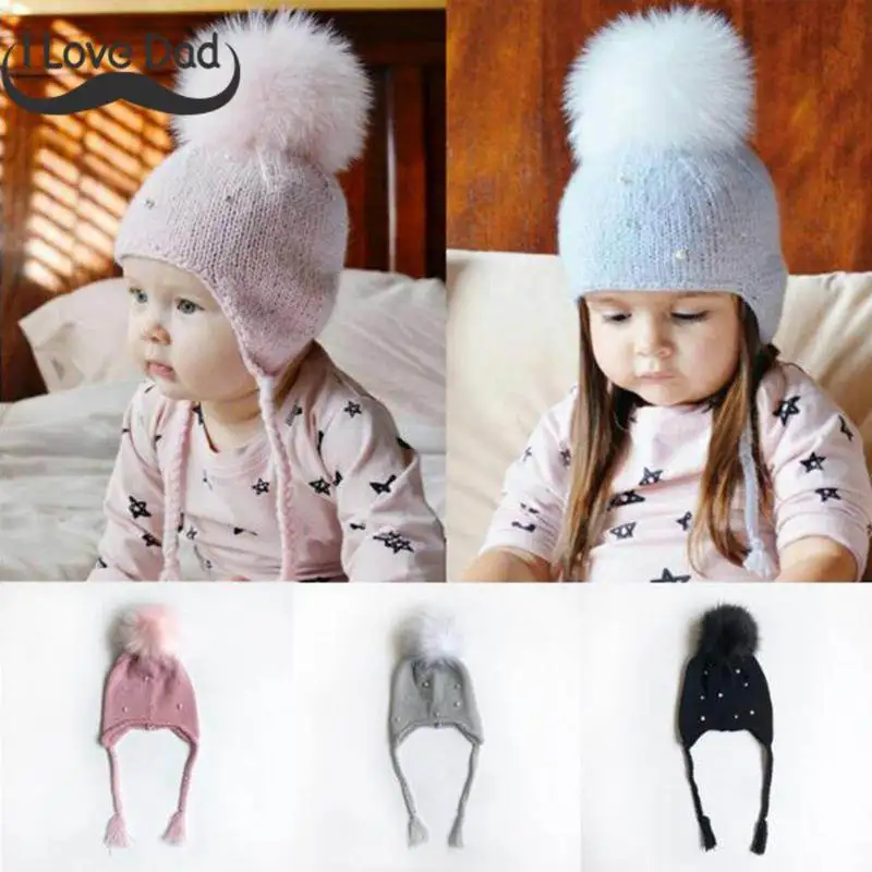 

Winter Baby Girl Hat Cute Pompom Pearls Ear Warm Knitted Baby Hat Beanie Girls Newborn Bonnet Kids Children Cap casquette enfant