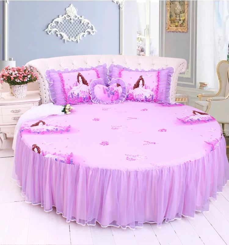 Top LACE ROUND Corner Bed Europe Orange color Flower Bedding sets Cotton Round Double Bed sheet Duvet cover Pillow case Bedskirt 27