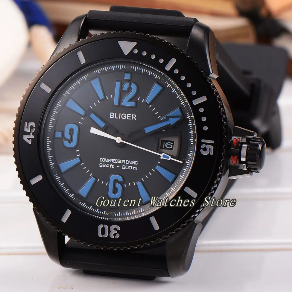 

43mm Bliger PVD Black Case Black Dial Rubber Automatic Movement Men's Watch