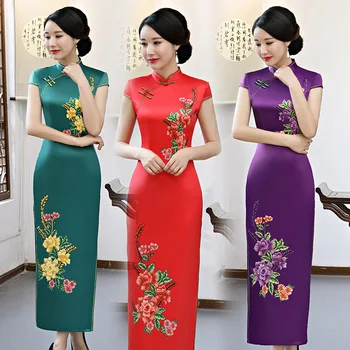 

Plus Size 3XL 4XL Flower Female Long Slim Cheongsam Chinese Style Elegant Evening Dress Vestidos Vintage Stage Show Qipao