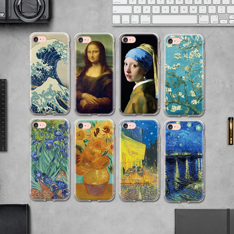 

For iPhone 4 4S 5 5S SE 6 6S 7 8 Plus X XR XS Max TPU Back Cover Van Gogh Oil Painting Mona Lisa Sunflower Pattern Silicone Case