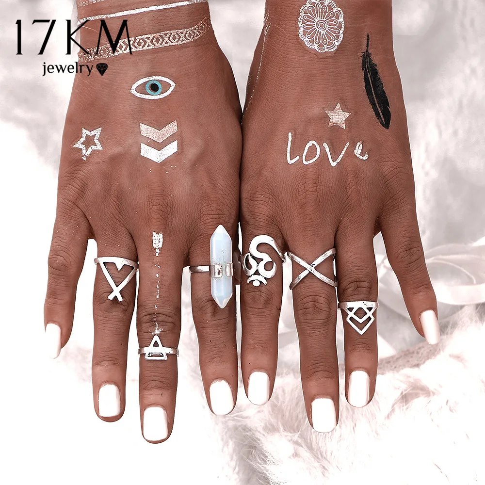 

17KM 6 PCS Natural Stone Rings Sets Vintage Bohemian Turkish Midi Ring Set Steampunk Snake Joint Ring Knuckle Rings for Women