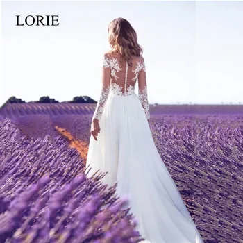 

White Long Sleeve Wedding Dresses 2018 LORIE Lace Appliques Elegant Women Chiffon Boho Bridal Dress High Side Split Robe Mariage