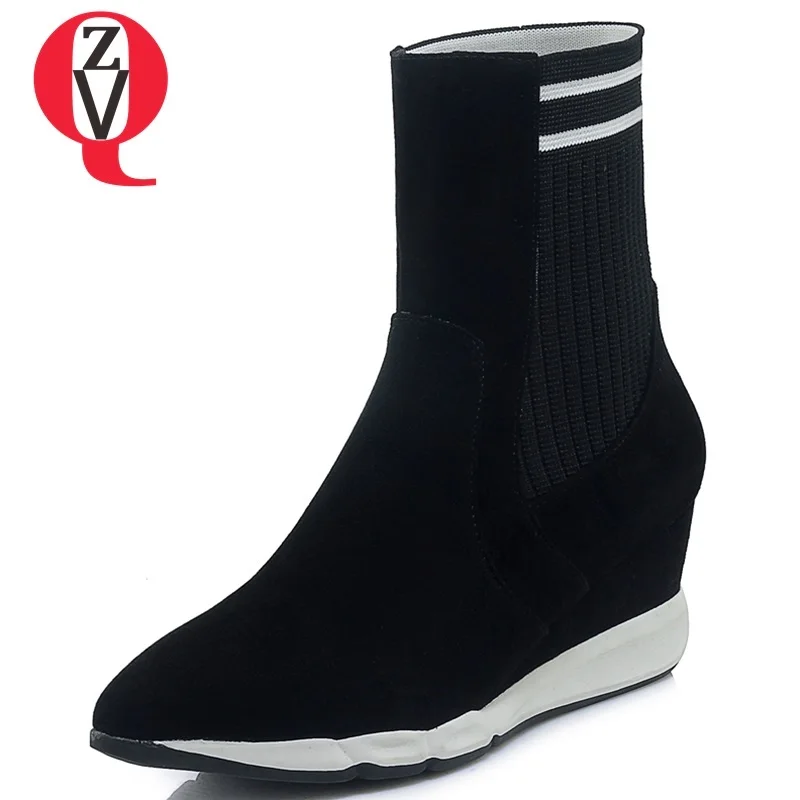 

ZVQ 2018 newest hot sale kid suede slip-on women shoes winter concise elegant high wedges platform pointed toe winter booties