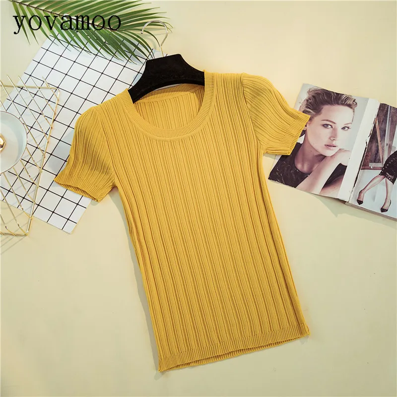 

Yovamoo 2018 Summer Ice Silk Knitted O-neck Short Design T-shirt Women's Sweater Tight-fitting Short-sleeved Bottoming Tops