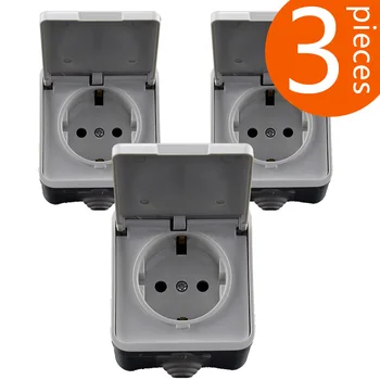 

3 Pieces European standard power outlet IP44 level waterproof and bright outdoors cover wall socket 16A 250V
