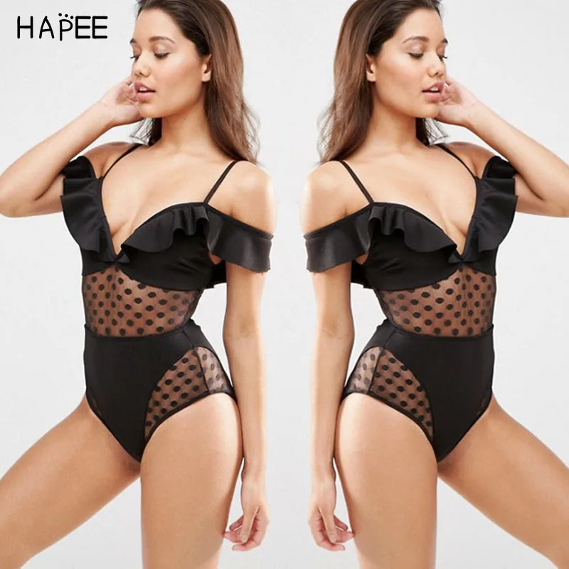 

New Black Dot V Neck Vintage One Piece Swimsuit Push up Swim Wear Swimming Suit Mesh Lace Monokini Ruffle Bathing Suit for Women