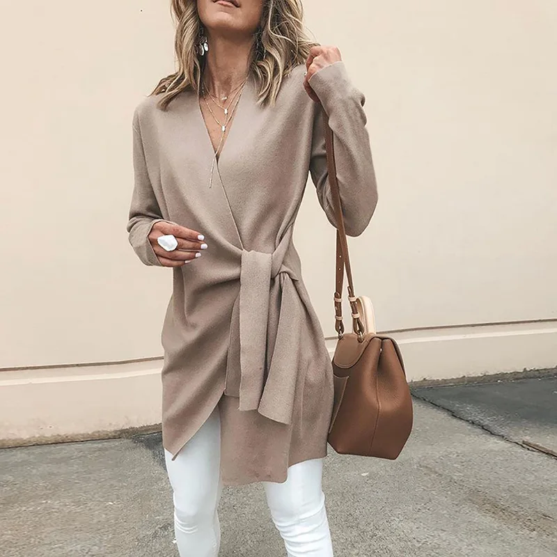 

2019 Spring Women Fashion Elegant Asymmetrical V Neck Irregular Hem Winter Jacket Solid Wrapped Self-Belted Long Sleeve Coat