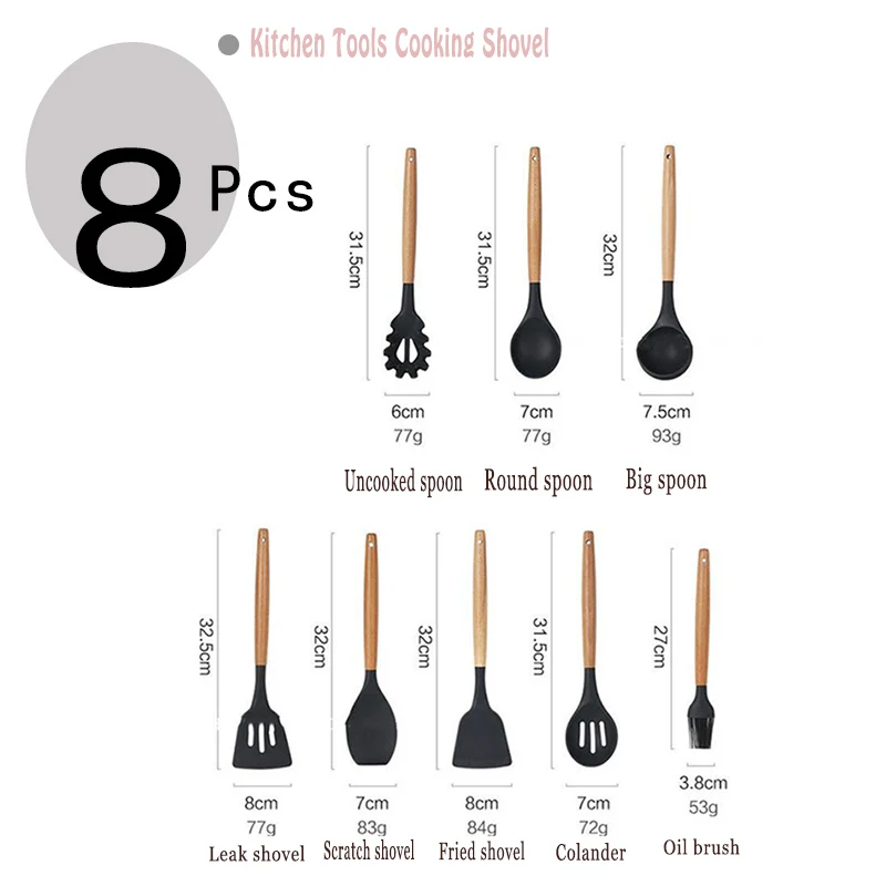 ONEUP кухонная утварь-кухонная утварь 8 шт. набор посуды Силиконовая Термостойкая деревянная ложка из бука антипригарные горшки - Цвет: 1set  kitchen tools