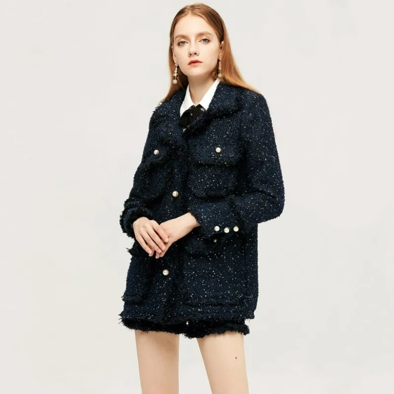 Новое Брендовое шикарное синее пальто женское осенне-зимнее плотное Прямое пальто женское деловое свободное твидовое Женское шерстяное пальто класса люкс