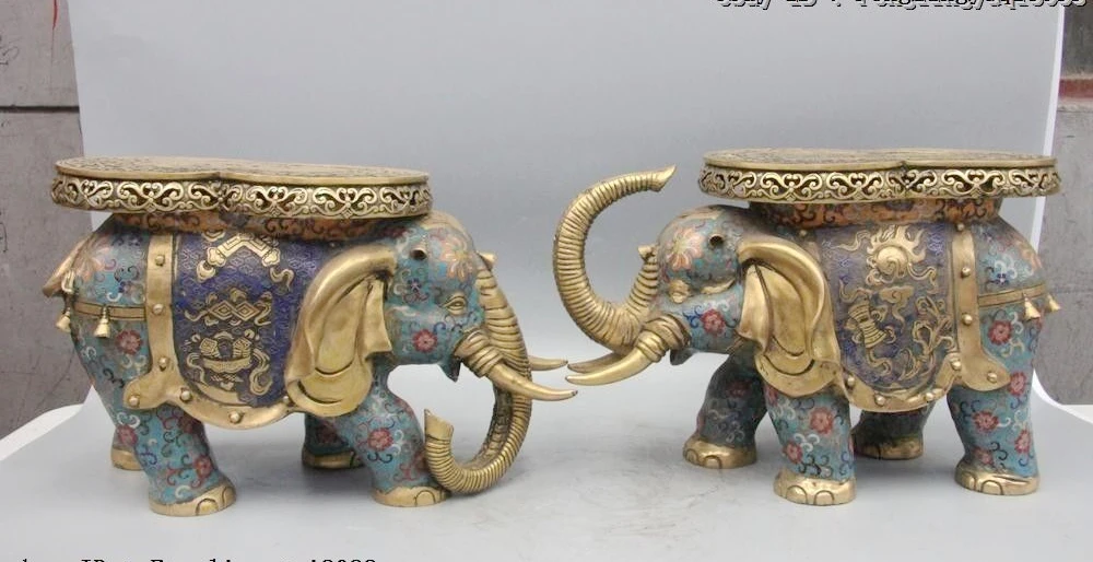 

Chinese Bronze Cloisonne Enamel Eight Treasures Elephant Flower Stool Chair Pair