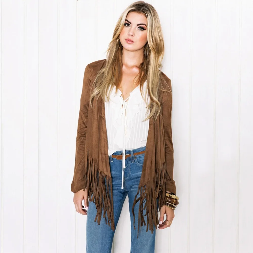 

Autumn Fringed Cardigan Jacket Women Khaki Slim Long Sleeve Outwear Coat