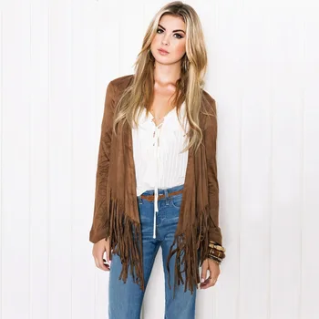

Autumn Fringed Cardigan Jacket Women Khaki Slim Long Sleeve Outwear Coat