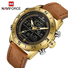 NAVIFORCE 9144 Fashion Gold Men Sport Watches Mens LED Analog Digital Watch Army Military Leather Quartz