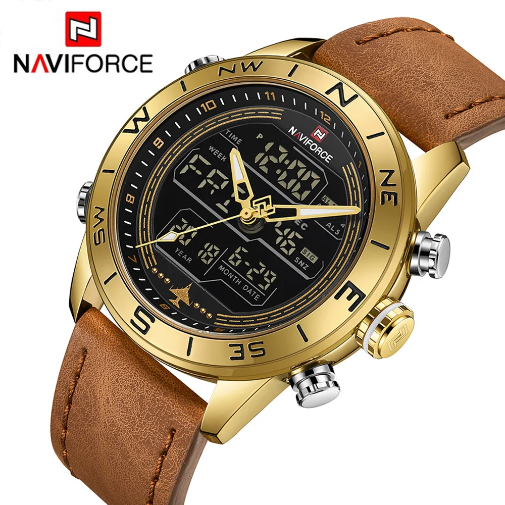 Günstig NAVIFORCE 9144 Mode Gold Männer Sport Uhren Herren LED Analog Digital Uhr Armee Militär Leder Quarzuhr Relogio Masculino