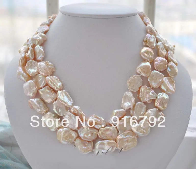 

free shipping >>>>>3strands 17-19mm BAROQUE pink KESHI REBORN PEARL NECKLACE mabe clasp