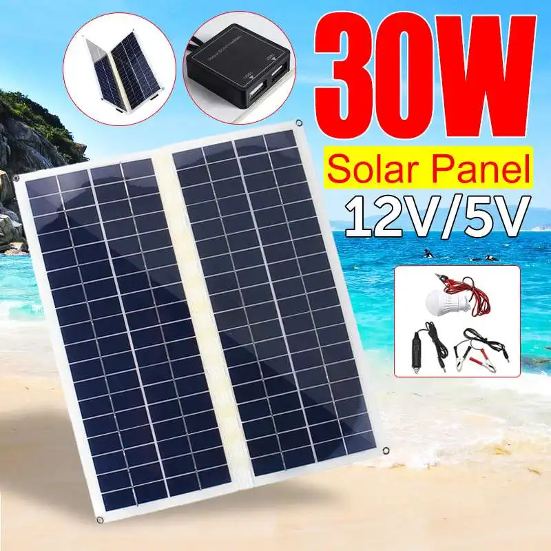 

30W Folding Solar Panel Dual USB Interface12V Foldable Silicon Cell For Battery Cell Phone Chargers Cigarette Lighter