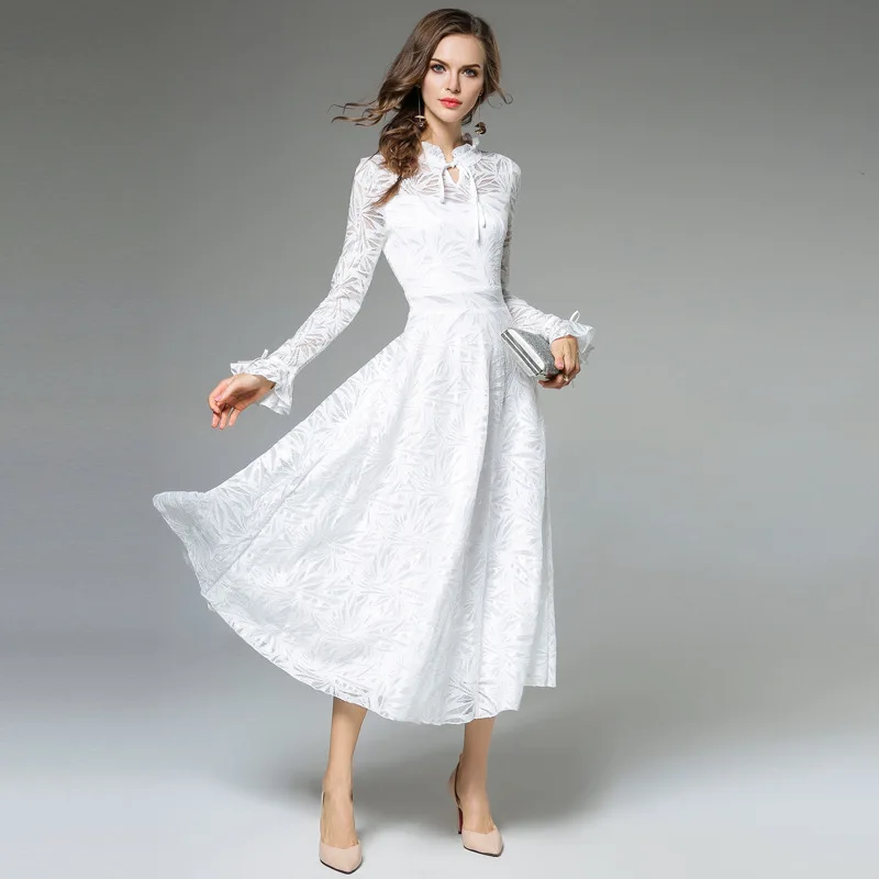 Good quality elegant lace long dress woman long sleeve party wedding A line pleated dresses full