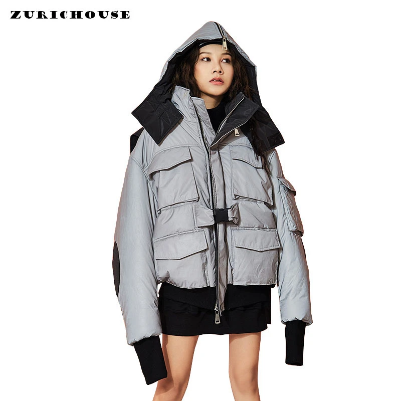 

ZURICHOUSE Reflective Winter Jacket Women Glossy Silver Detachable Hooded Warm Parka 2019 Oversize Padded Jackets And Coats