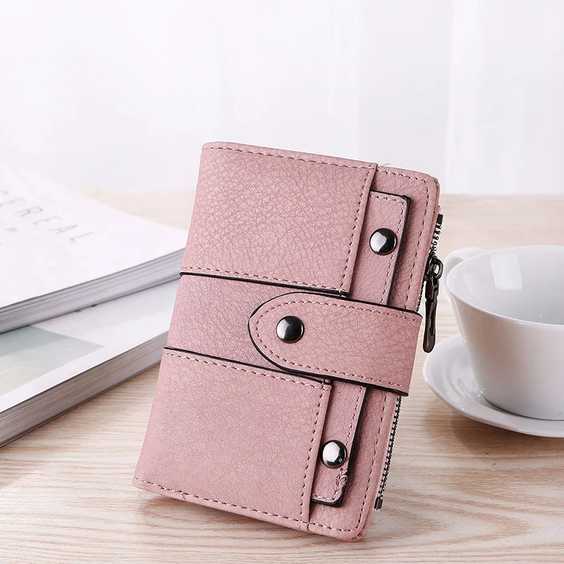 

Women's wallet new 2019 short retro matte student tri-fold small wallet rivet buckle wallet