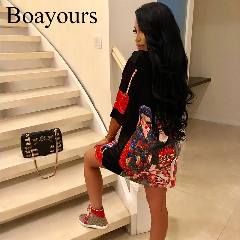 Boayours 2018 весна девушки футболка с принтом платье Для женщин свободные короткий
