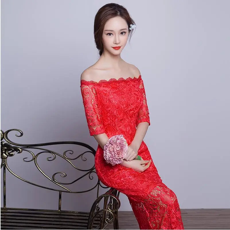 Китайское современное кружевное платье cheongsam с разрезом на воротнике красное