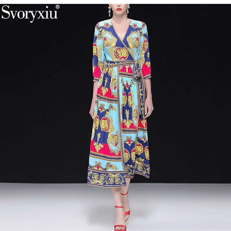 

Svoryxiu Runway Spring Summer Sexy V Neck Maxi Dress Women's Vintage Print Robe Female Party Big Size Draped Dresses Vestdios