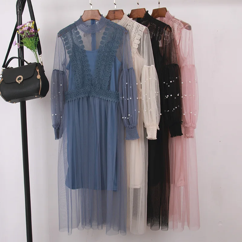 2019 New Summer Dress For Women Fashion O-Neck Long Sleeve Mesh Dresses Korean Style Casual Beading Midi Party Dress 2019 New Summer Dress For Women Fashion O-Neck Long Sleeve Mesh Dresses Korean Style Casual Beading Midi Party Dress