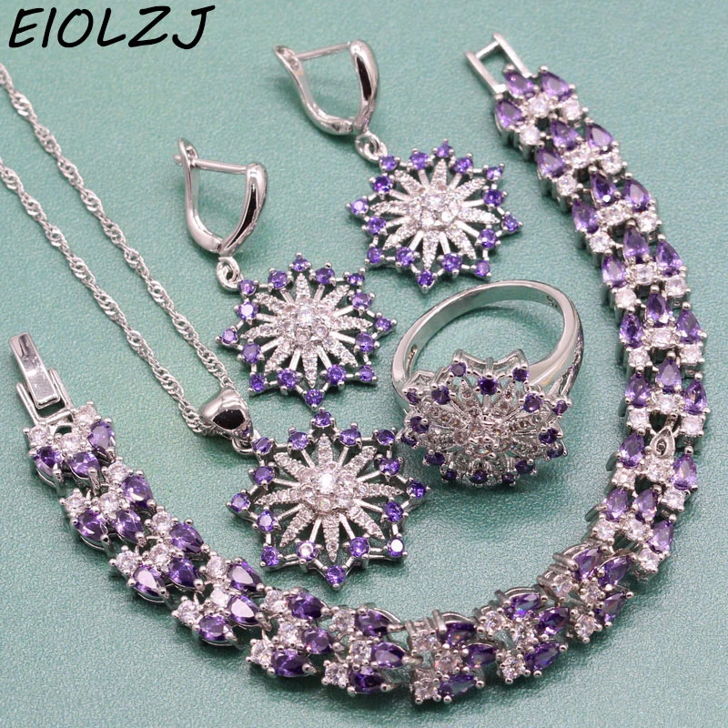 

Flower Purple Stone 925 Sterling Silver jewelry Sets for Women 4pcs Woman Earrings Sets Bracelet Dangle Drop Earrings Ring