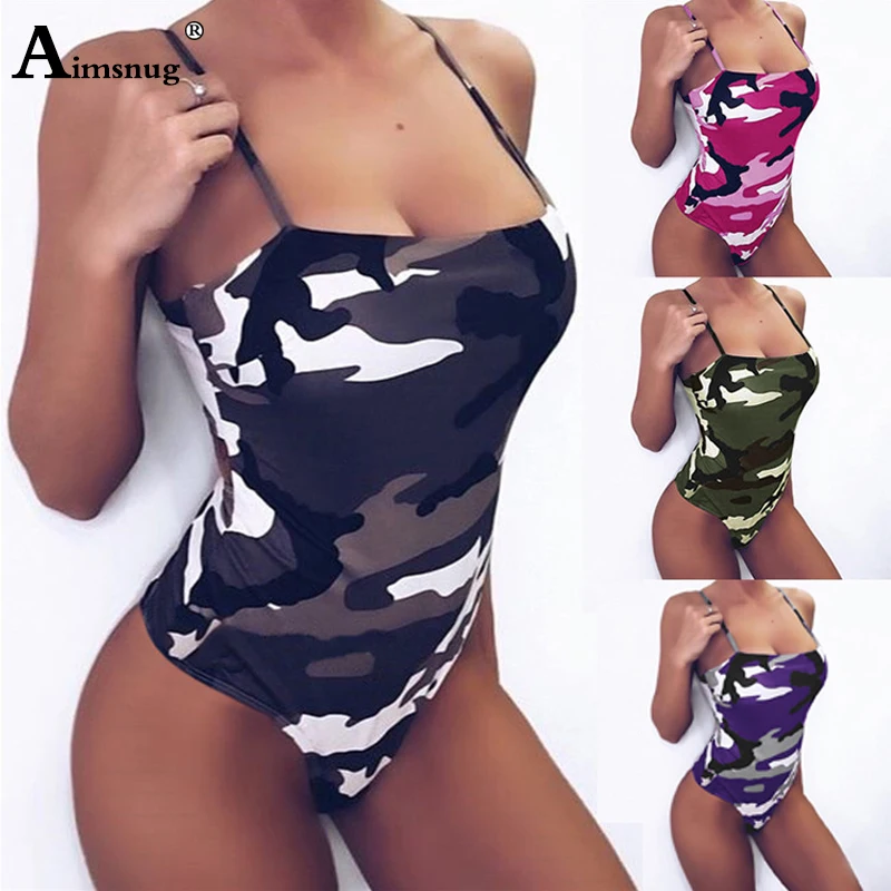 

Plus Size 4XL 5XL Sexy Bodysuit Style Swimsuit Slim Spaghetti Strap Camouflage Print Gray 2019 Summer Casual Women Swimsuit
