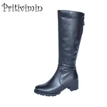 Новая мода Девушка каблук плюшевой подкладкой ботинки с высоким голенищем Женские зимние botas mujer женская обувь из коровьей кожи botte femmes Pritivimin FN2