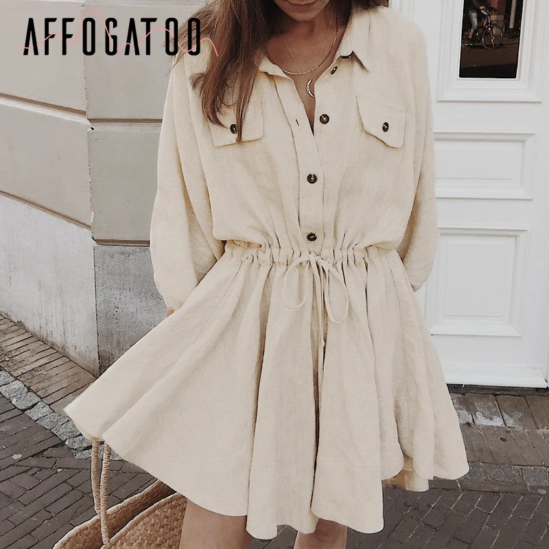 Tanie Affogatoo Vintage elagant kobiety minikoszula sukienka Casual latarnia rękaw krótka sukienka kołnierz na dół zasznurować lniane sukienki damskie