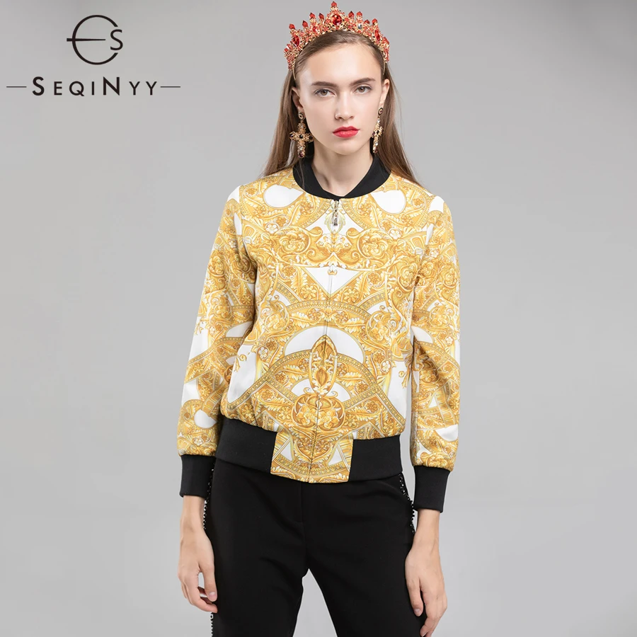 

SEQINYY Yellow Jackets 2018 Early Autumn Woman's New Fashion Long Sleeve Stand Printed High Street Vintage Elegant Slim Jackets