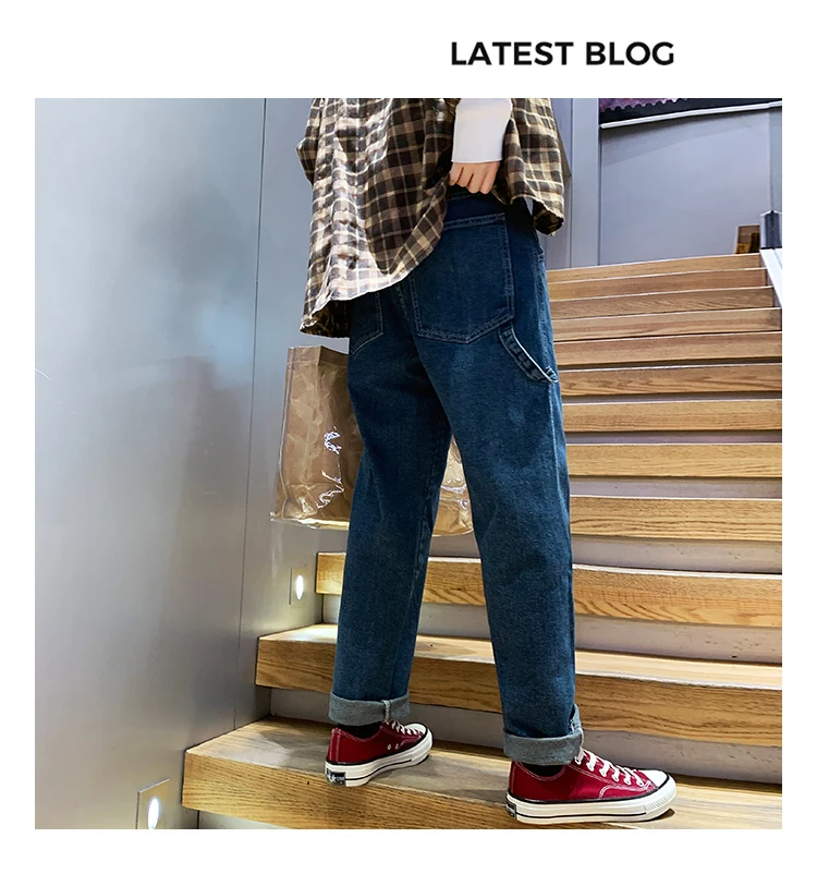 2019 корейский стиль для мужчин новый мешковатые Homme классический накладной карман джинсы для женщин черный/синий цвет мужской повседневные