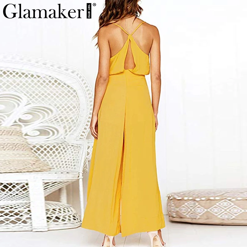 Glamaker Elegant solid deep V neck loose jumpsuit Women Casual holiday beach spring long playsuit Summer sleeveless sexy romper