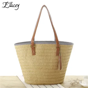 

New Women Simple Straw Handbag Shoulder Bag Tassels Tote Summer Beach Zipper Shopping Crossbody Fashion Travel Messenger Bag