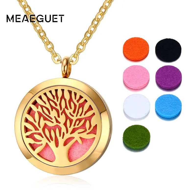

Meaeguet Round Tree of Life Pendant Necklace Locket Hollow Necklace Aromatherapy Essential Oil Diffuser Women Jewelry 50CM