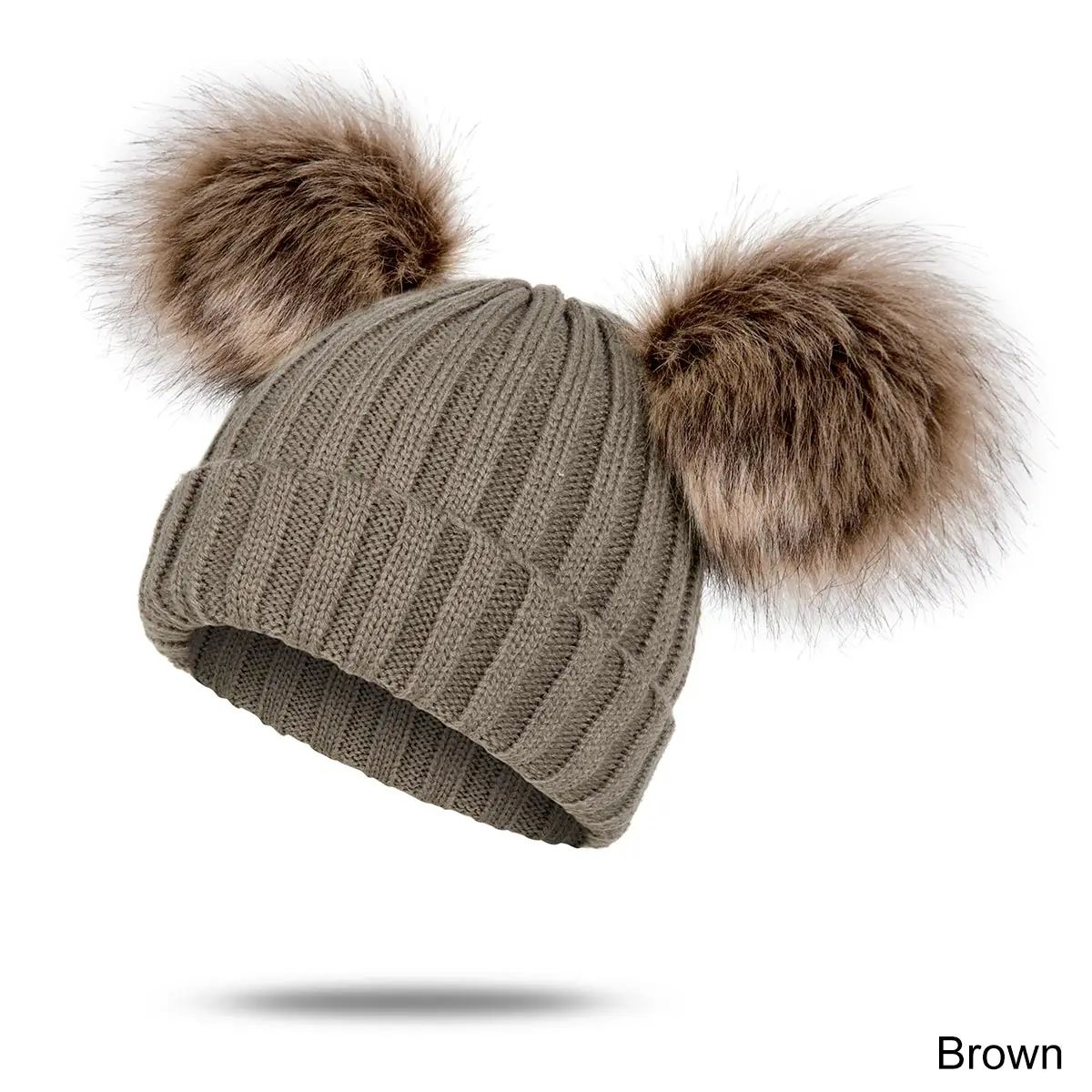 Зимние детские вязаные шапки, шапка для девочек с двойным меховым помпоном, теплые шапочки, милая вязаная шапка для маленьких мальчиков и девочек 1-3 лет - Цвет: Brown