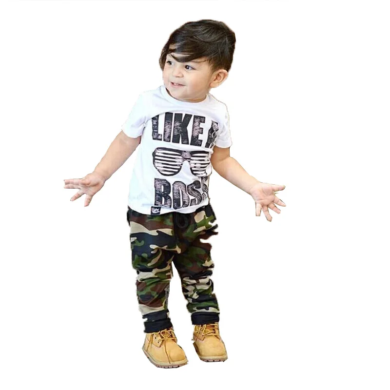 

Like a Boss Kids Summer Outfits Casual Toddler Baby Kids Boys Camouflage Clothes Set T-shirt Tops+Long Pants 2PCS Outfits 2019