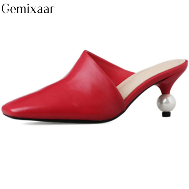 

New Concise Cover Point Toe Thin High Heel Studded Pearl Women Shoes Pointed Toe Slim Shallow Slides Multy Color Leisure Slipper