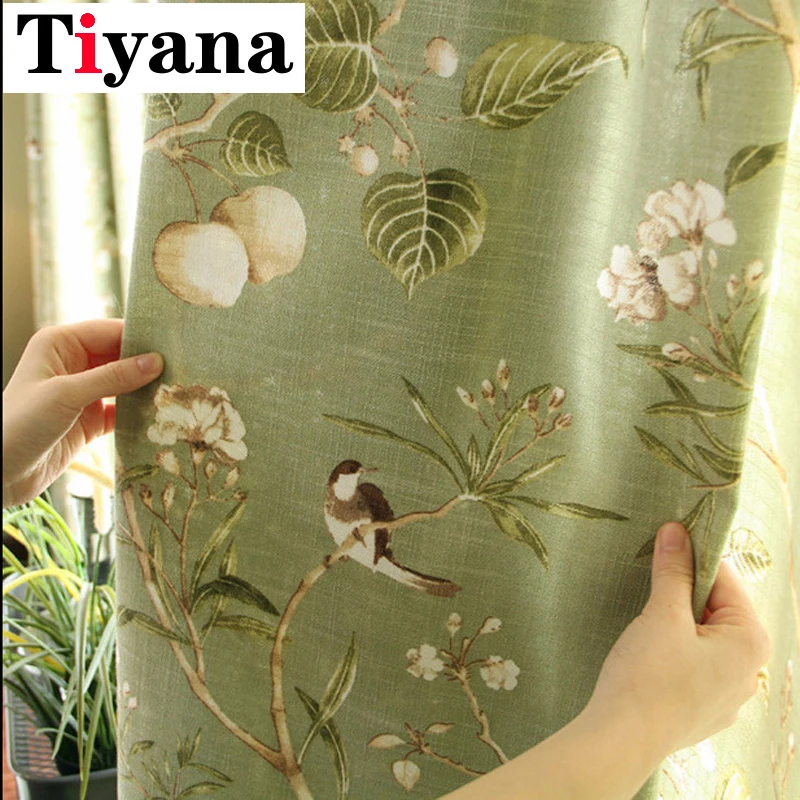 

Rustic Green Color Leaves Curtains For living Room Kitchen Door Linen Birds Printed Partition Window Drapes Home Decor P145D3
