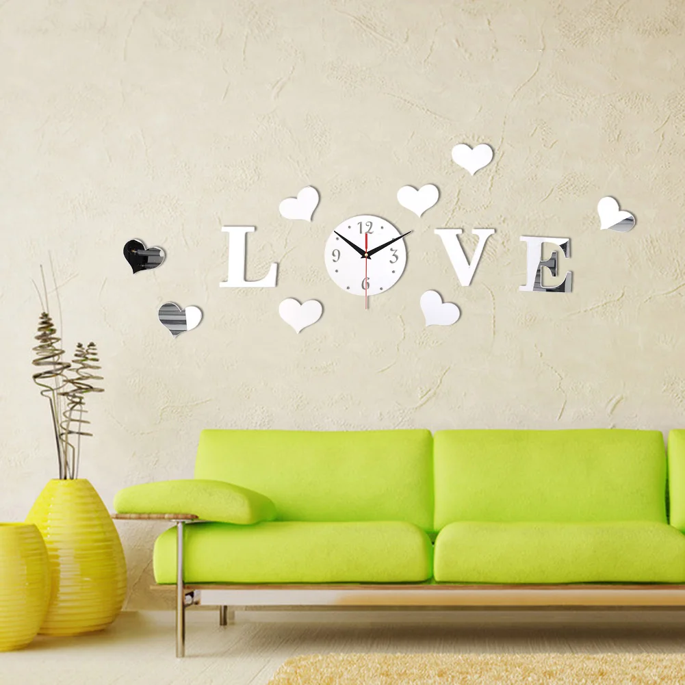 New Creative Romantic Silver Color Acrylic Mirror Effect LOVE Decal Wall Sticker Clock Mechanism Decoration Free Shipping