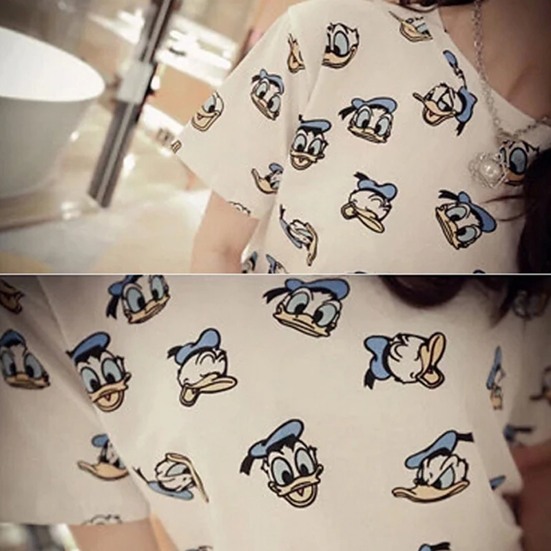 لطيف بطة المطبوعة التي شيرت النساء أعلى o-- الرقبة قصيرة الأكمام النساء قمم والمحملات القطن مريحة ر-- القميص الكرتون فام camiseta