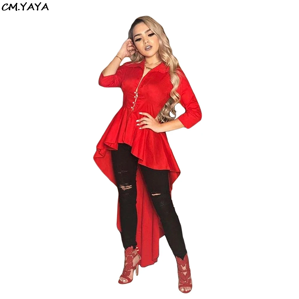 

2018 new women autumn winter red sexy wrist sleeve ruffles high low mermaid blouses shirts party club long tops M7155