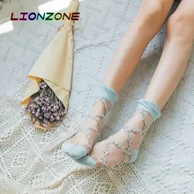 LIONZONE, 5 пар/лот, тонкие повседневные шелковые короткие носки с цветочным рисунком, японский свежий сладкий леди, полиэстер, летние женские прозрачные носки