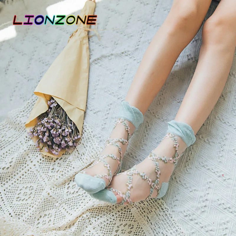LIONZONE 5 пар/лот тонкие повседневные шелковые короткие носки с цветочным рисунком