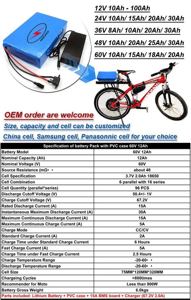 Rechargeable 60V 12Ah Lithium Li Ion Electric Bicycle Battery Pack 900W Ebike Battery for Electric Scooter 15A BMS 2A Charger free shipping 