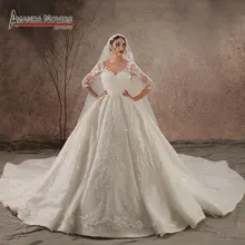 Роскошное блестящее Настоящее фото свадебное платье рукав три четверти кружевное свадебное платье с бисером