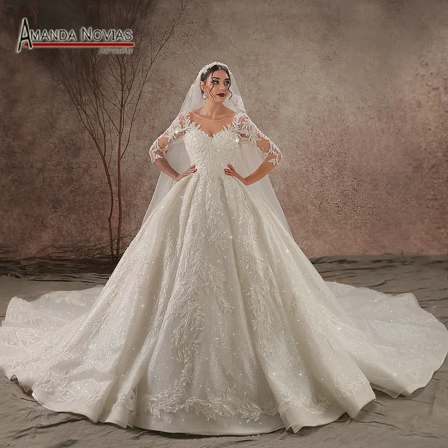

2019 Luxury Shinny real photo Wedding Dress Three Quarter Sleeve Lace beading Wedding Dress