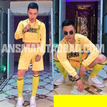 

2019 new male clothing men singer DJ DS yellow hip hop hooded and shorts sets simple fashion stage singer costume set